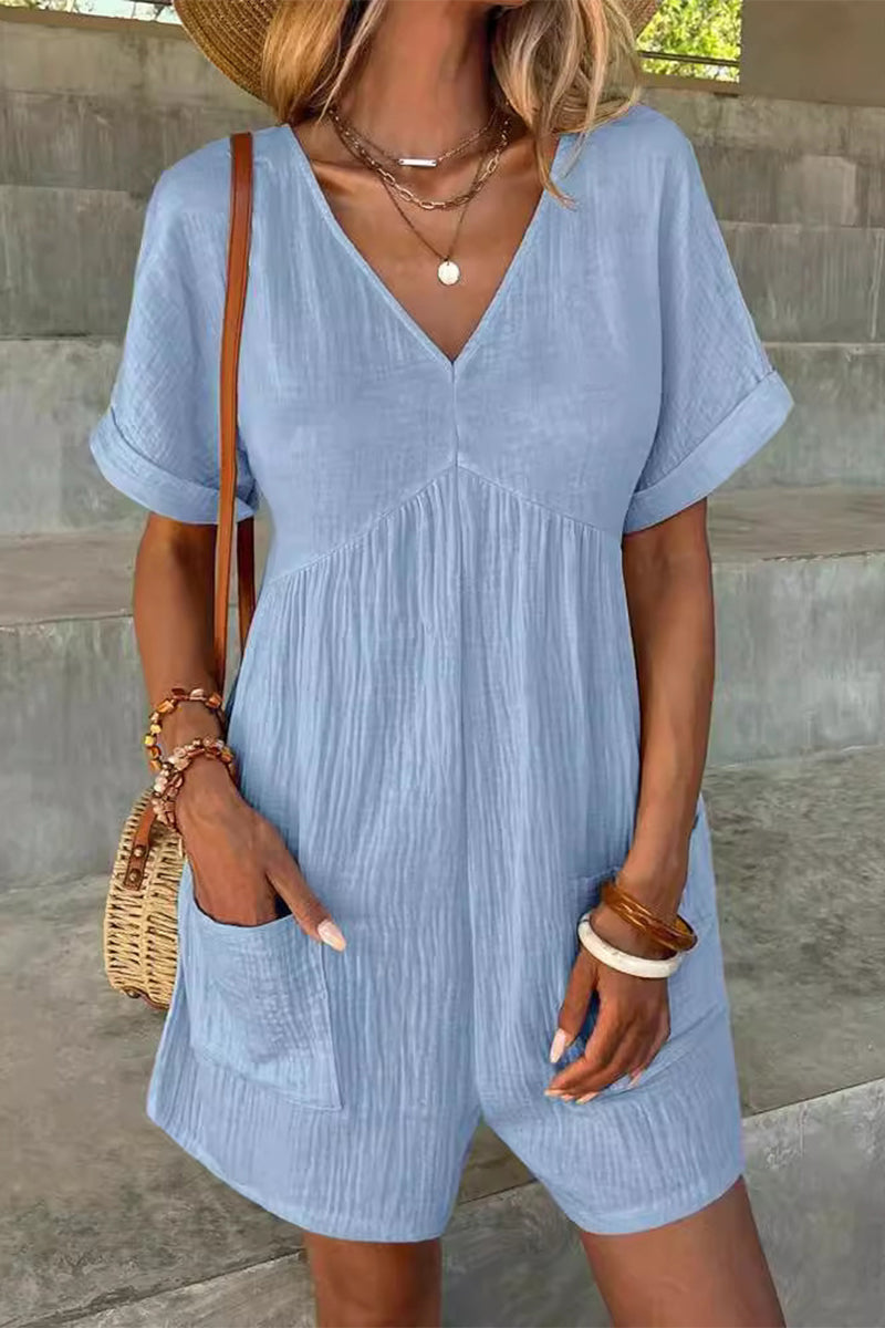 LM | Casual Simplicity Solid Bag V Neck Loose Rompers (5 Colors)
