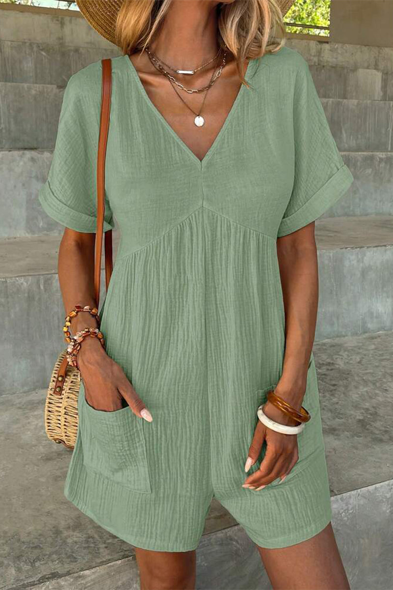 LM | Casual Simplicity Solid Bag V Neck Loose Rompers (5 Colors)