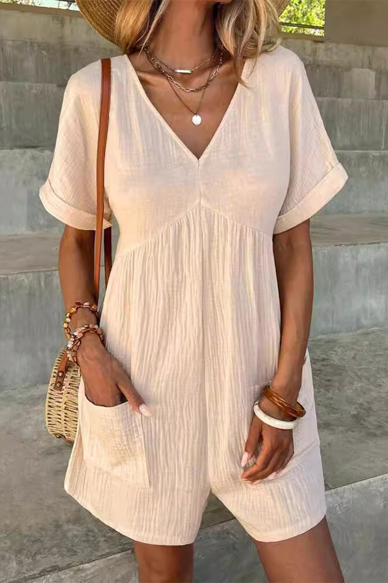 LM | Casual Simplicity Solid Bag V Neck Loose Rompers (5 Colors)