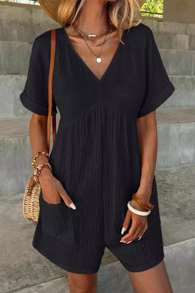 LM | Casual Simplicity Solid Bag V Neck Loose Rompers (5 Colors)