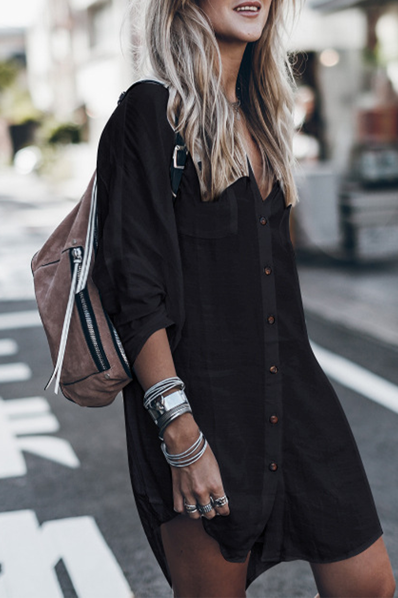 LM | Casual Street Solid Color Buckle Buttons Slit Swimsuits Cover Up