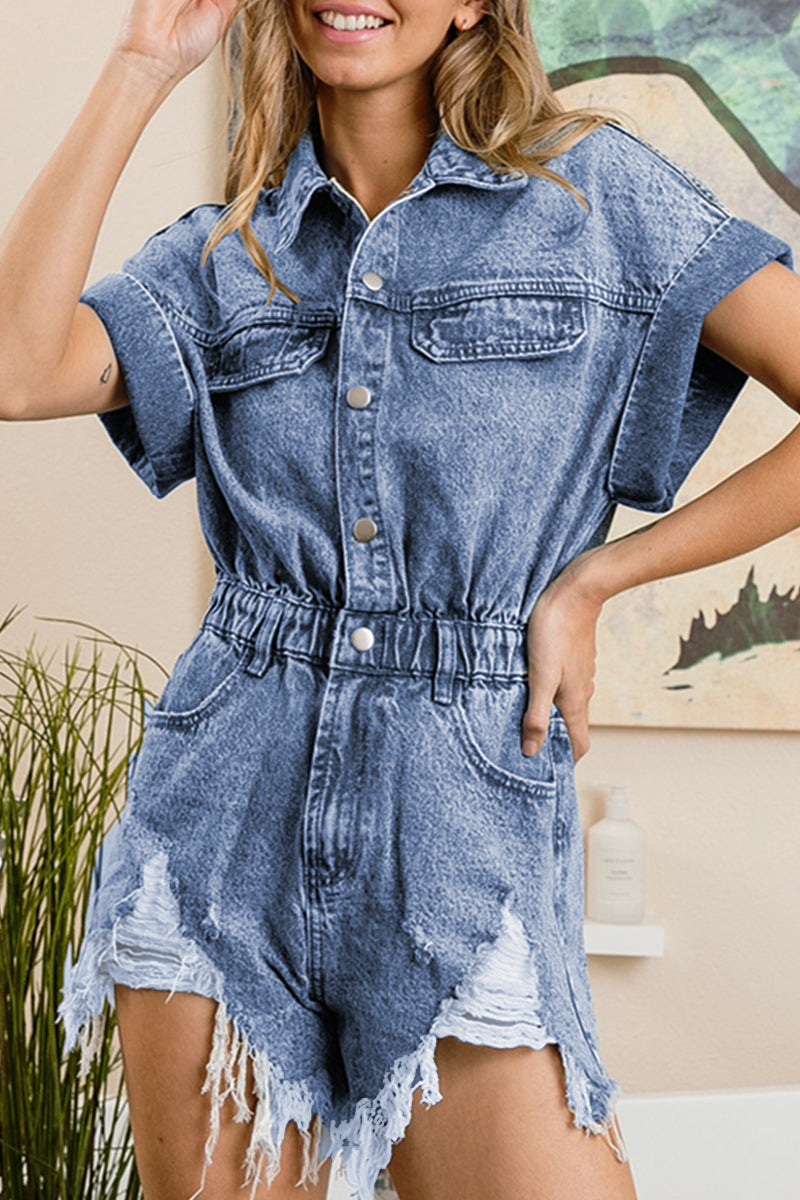 LM | Casual Ripped Patchwork Turndown Collar Short Sleeve High Waist Regular Denim Romper