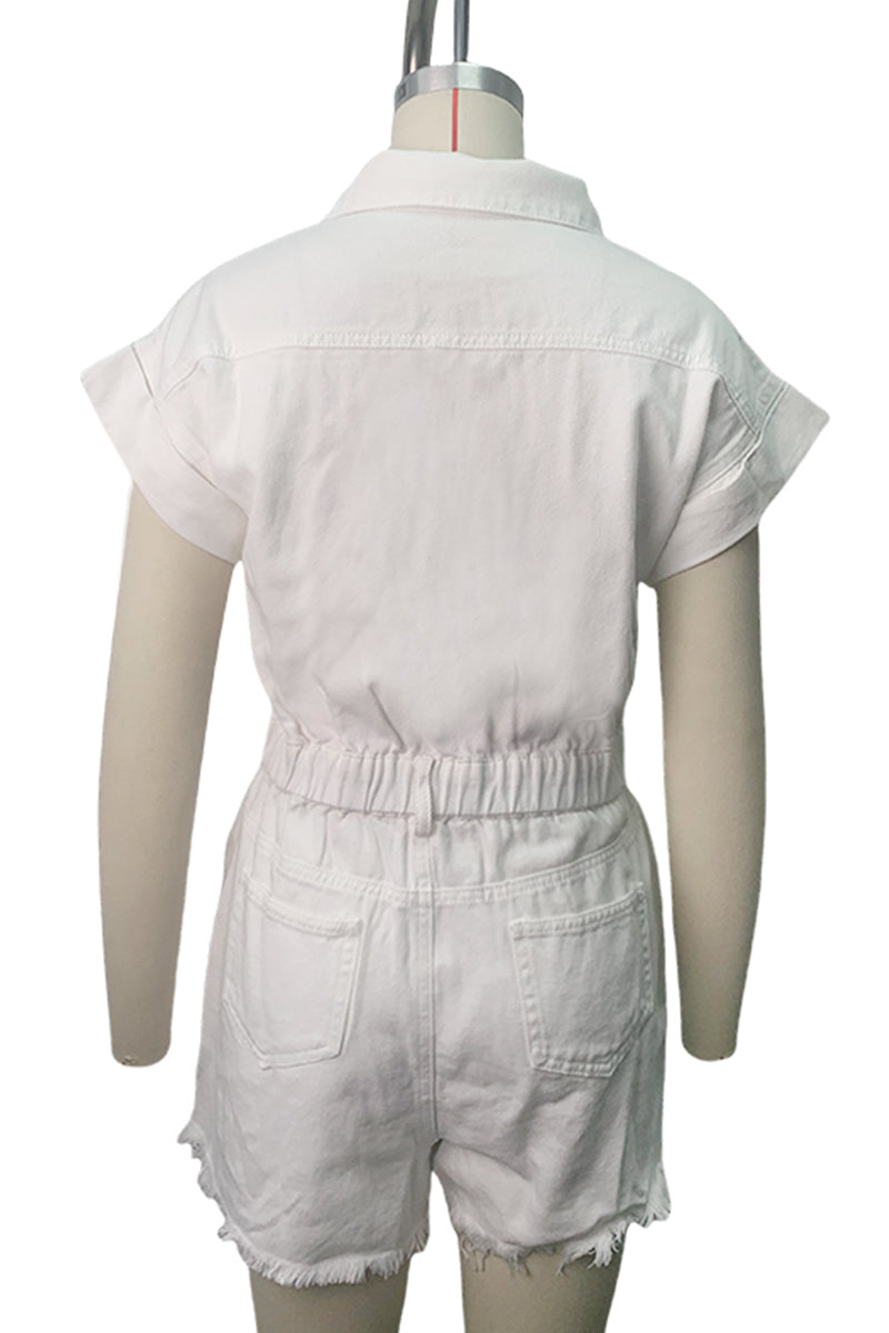 LM | Casual Ripped Patchwork Turndown Collar Short Sleeve High Waist Regular Denim Romper