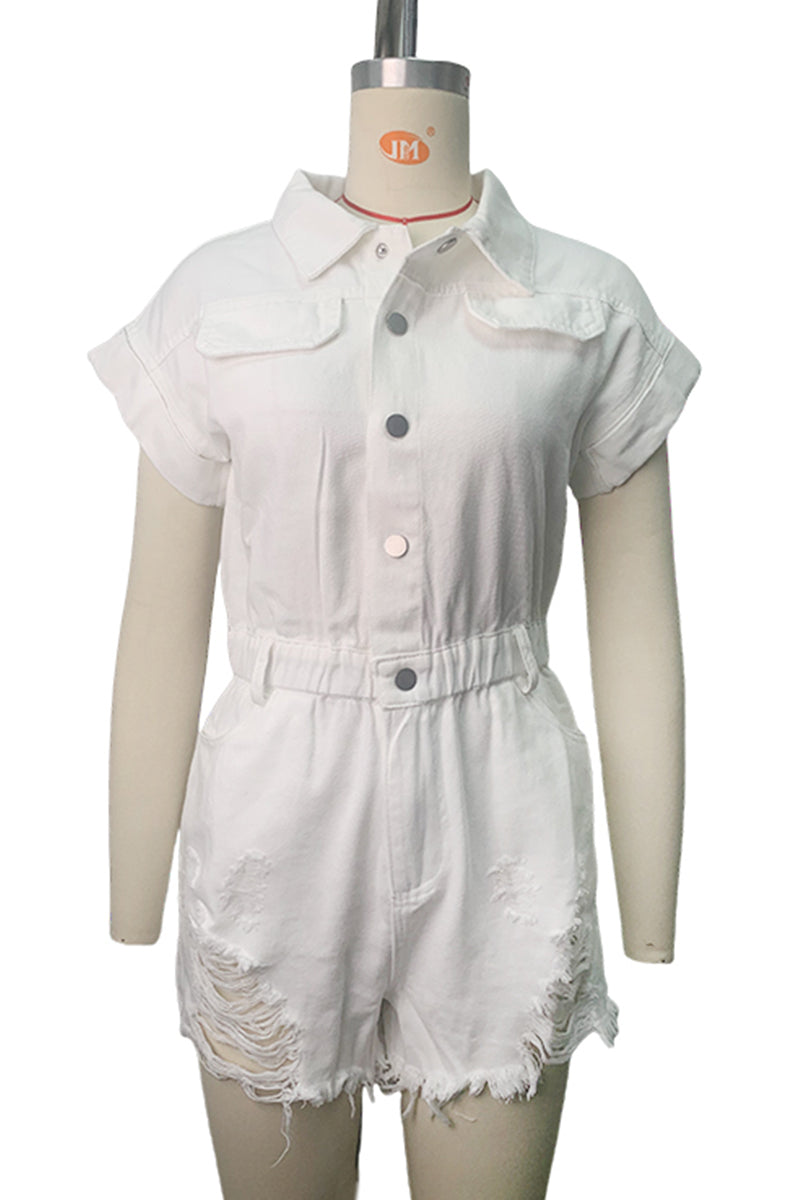 LM | Casual Ripped Patchwork Turndown Collar Short Sleeve High Waist Regular Denim Romper