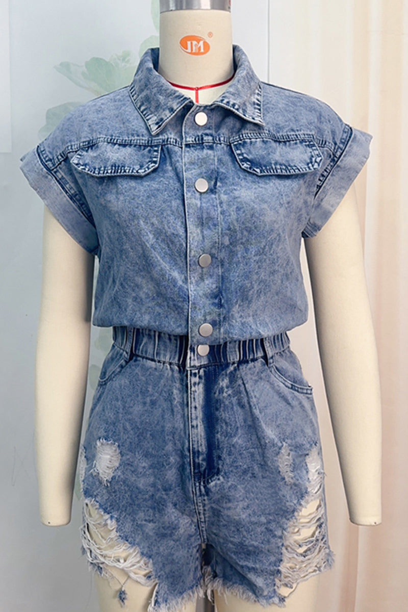 LM | Casual Ripped Patchwork Turndown Collar Short Sleeve High Waist Regular Denim Romper