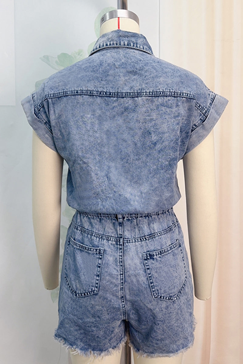 LM | Casual Ripped Patchwork Turndown Collar Short Sleeve High Waist Regular Denim Romper