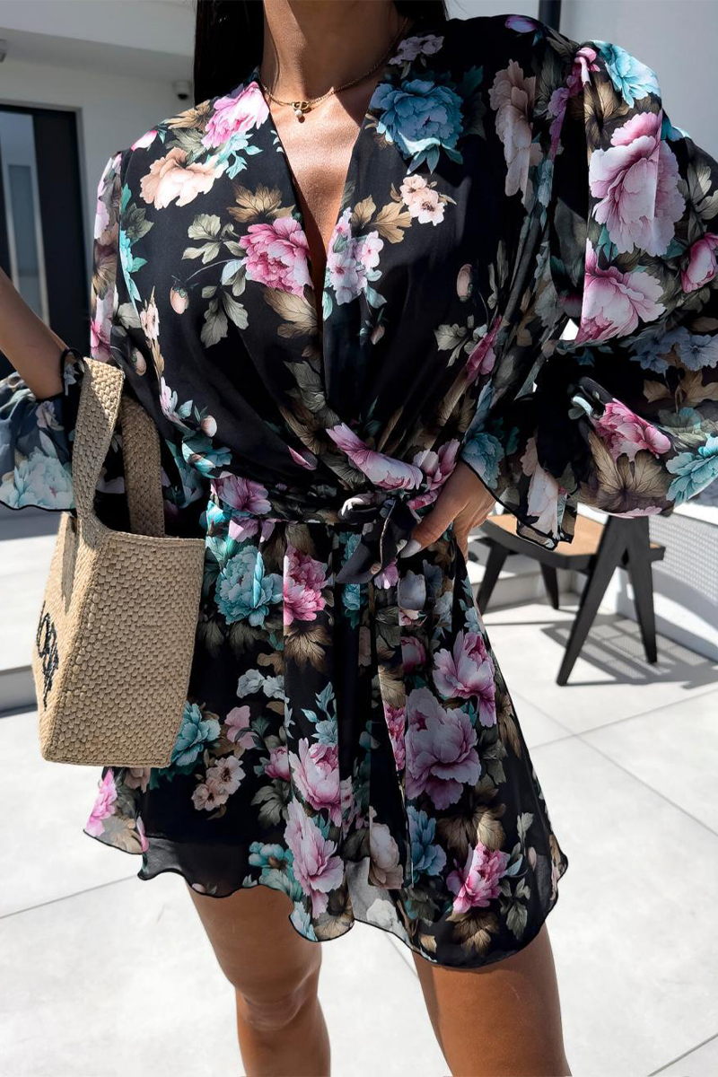 LM | Casual Holiday Zebra Print Floral Lace Up Contrast V Neck Loose Rompers(3 Colors)