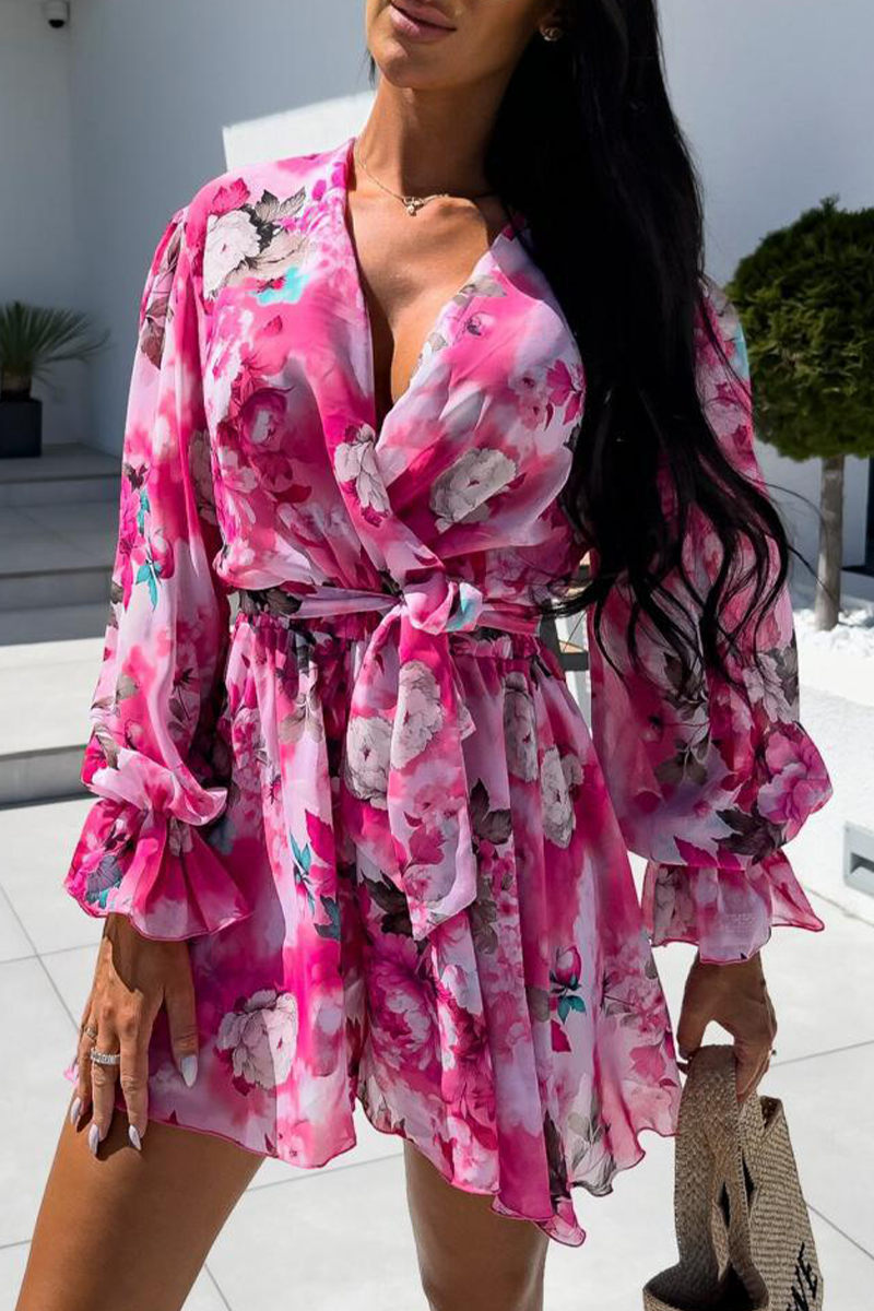 LM | Casual Holiday Zebra Print Floral Lace Up Contrast V Neck Loose Rompers(3 Colors)