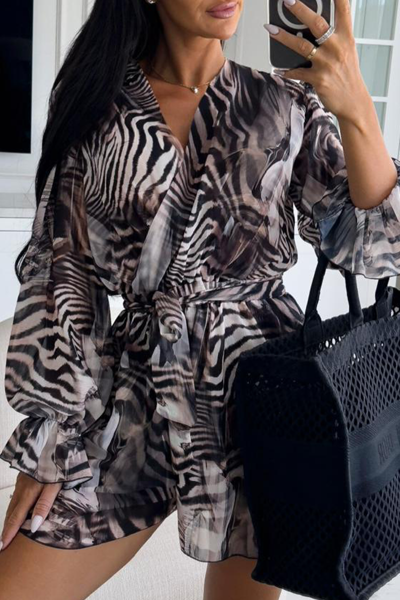 LM | Casual Holiday Zebra Print Floral Lace Up Contrast V Neck Loose Rompers(3 Colors)