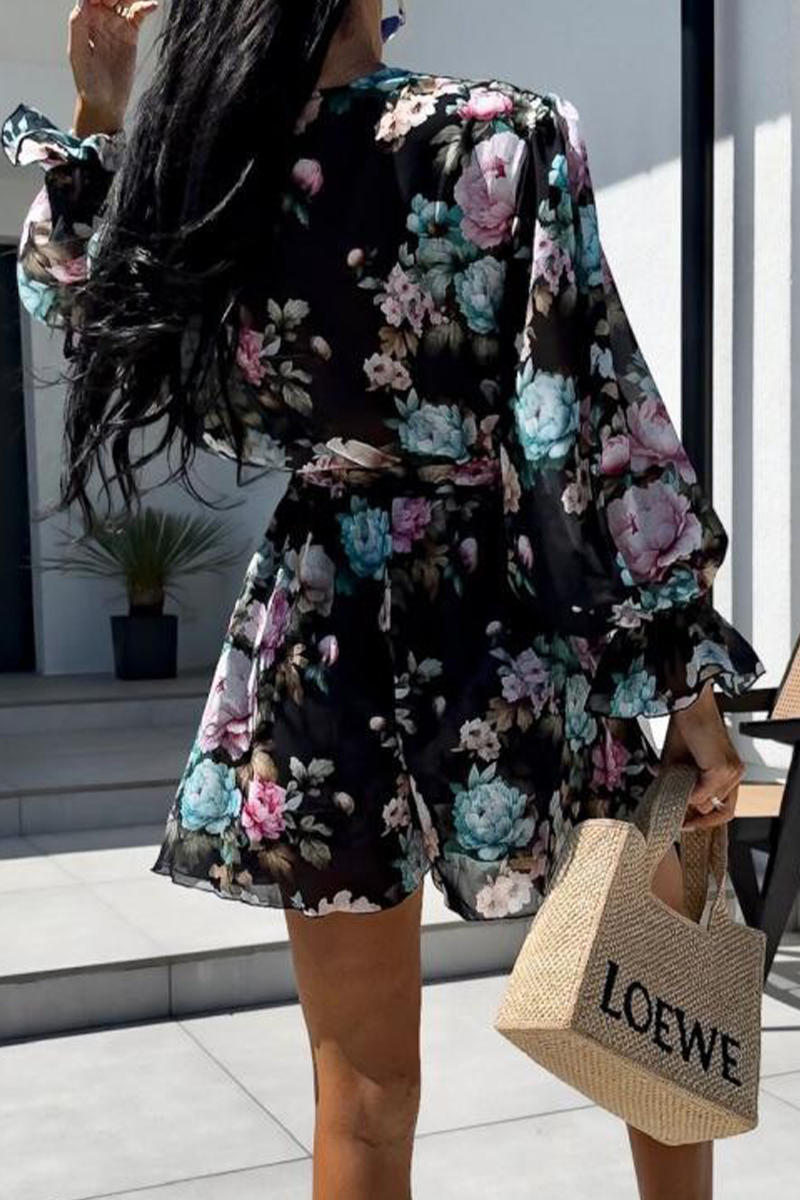 LM | Casual Holiday Zebra Print Floral Lace Up Contrast V Neck Loose Rompers(3 Colors)