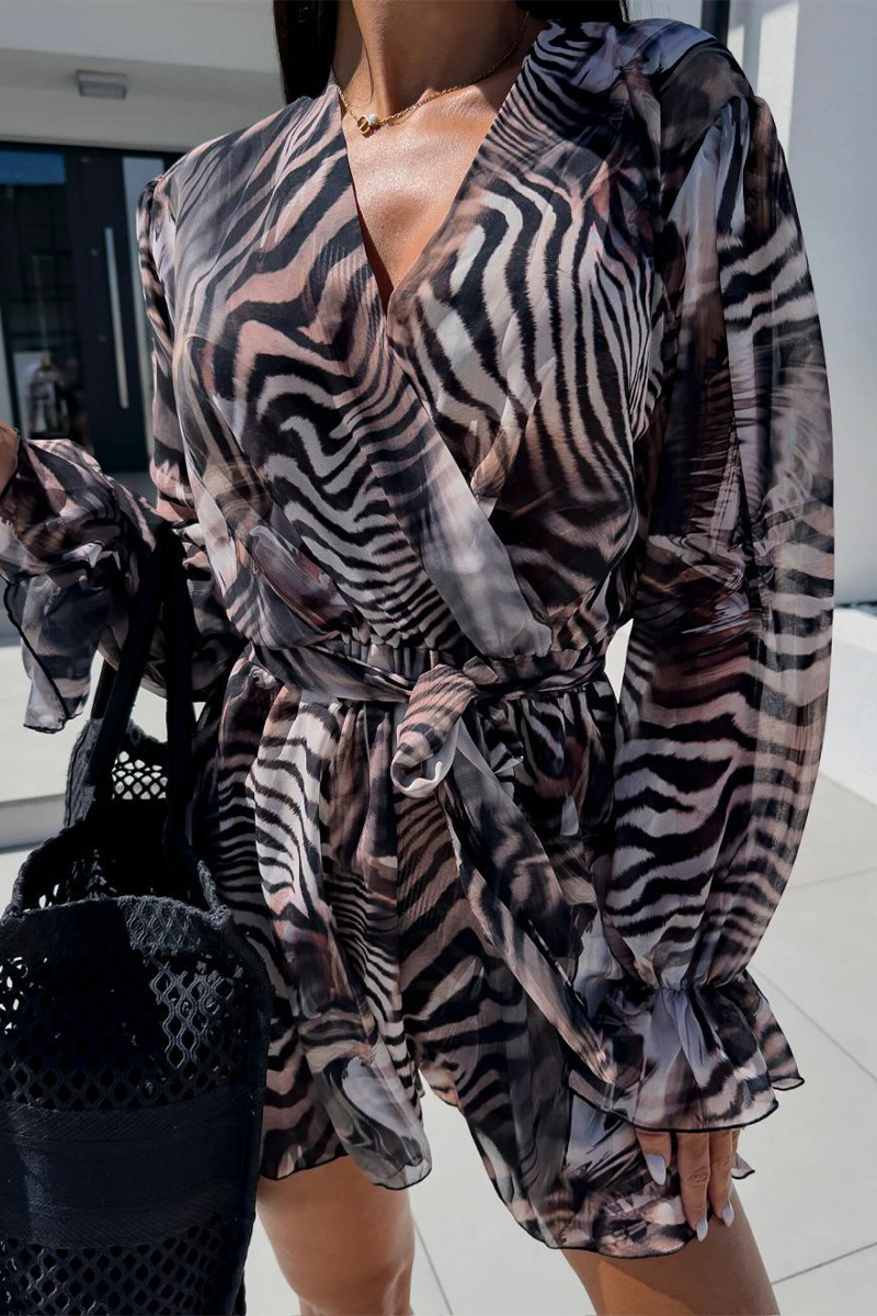 LM | Casual Holiday Zebra Print Floral Lace Up Contrast V Neck Loose Rompers(3 Colors)
