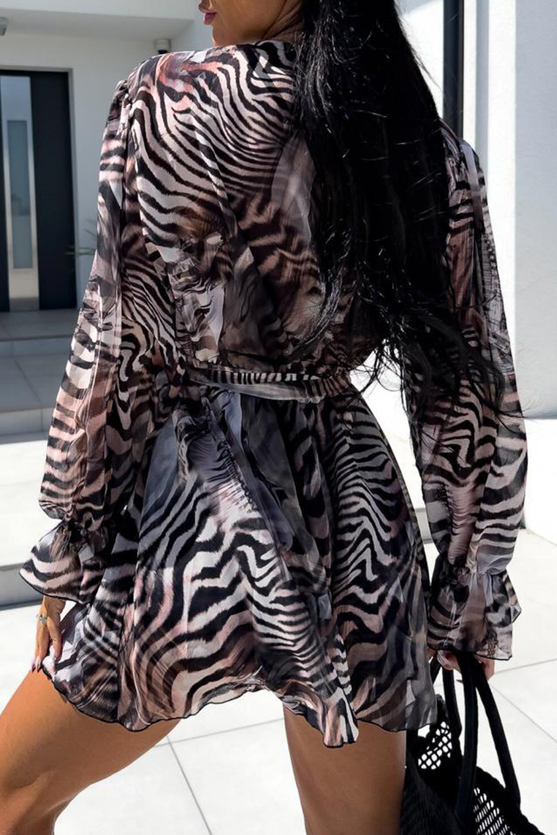 LM | Casual Holiday Zebra Print Floral Lace Up Contrast V Neck Loose Rompers(3 Colors)
