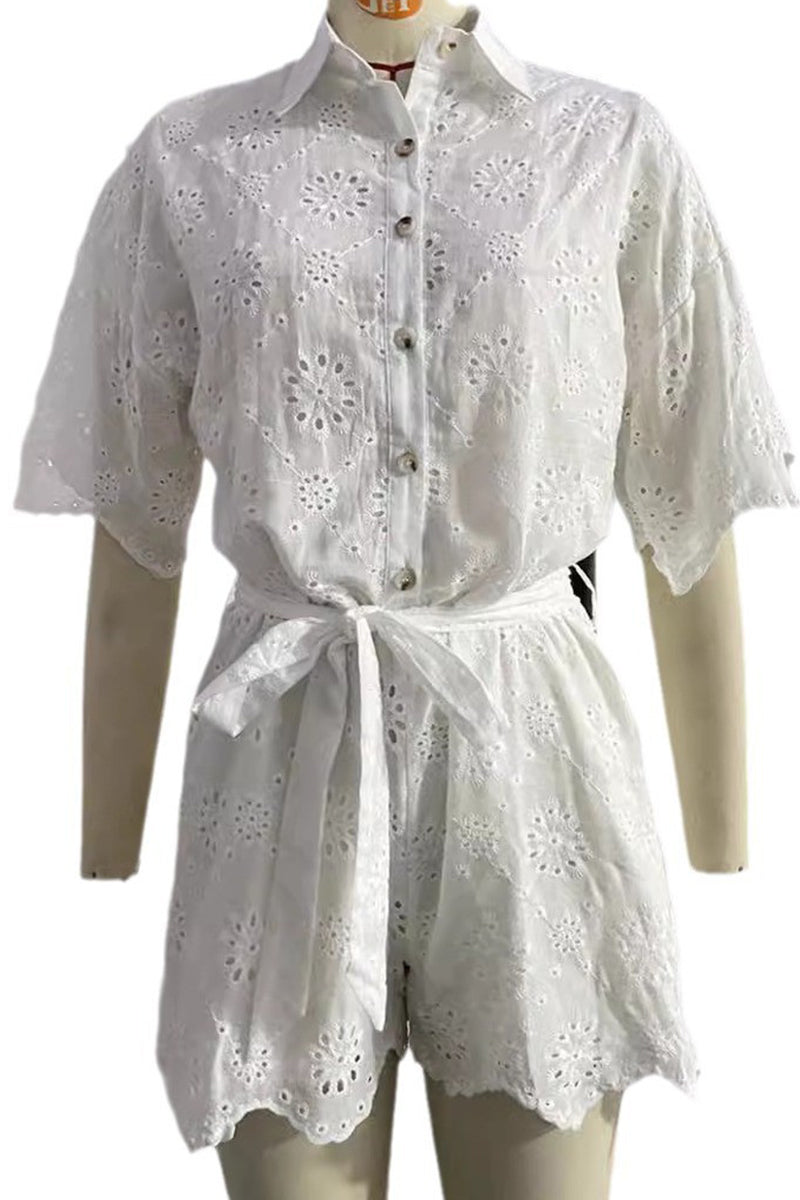 LM | Casual embroidered hollow out turndown collar loose rompers