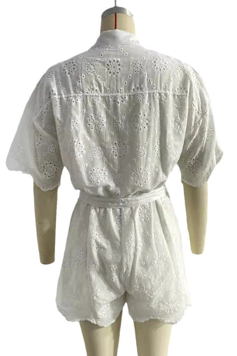 LM | Casual embroidered hollow out turndown collar loose rompers