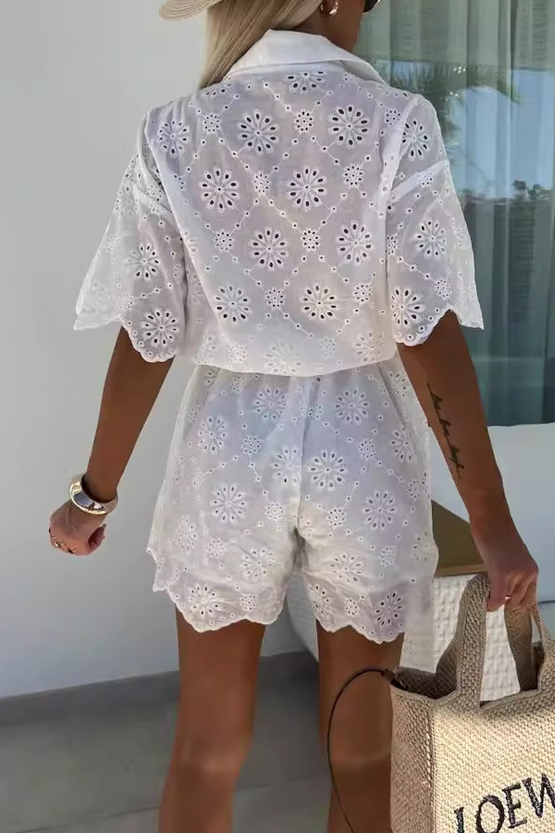 LM | Casual embroidered hollow out turndown collar loose rompers