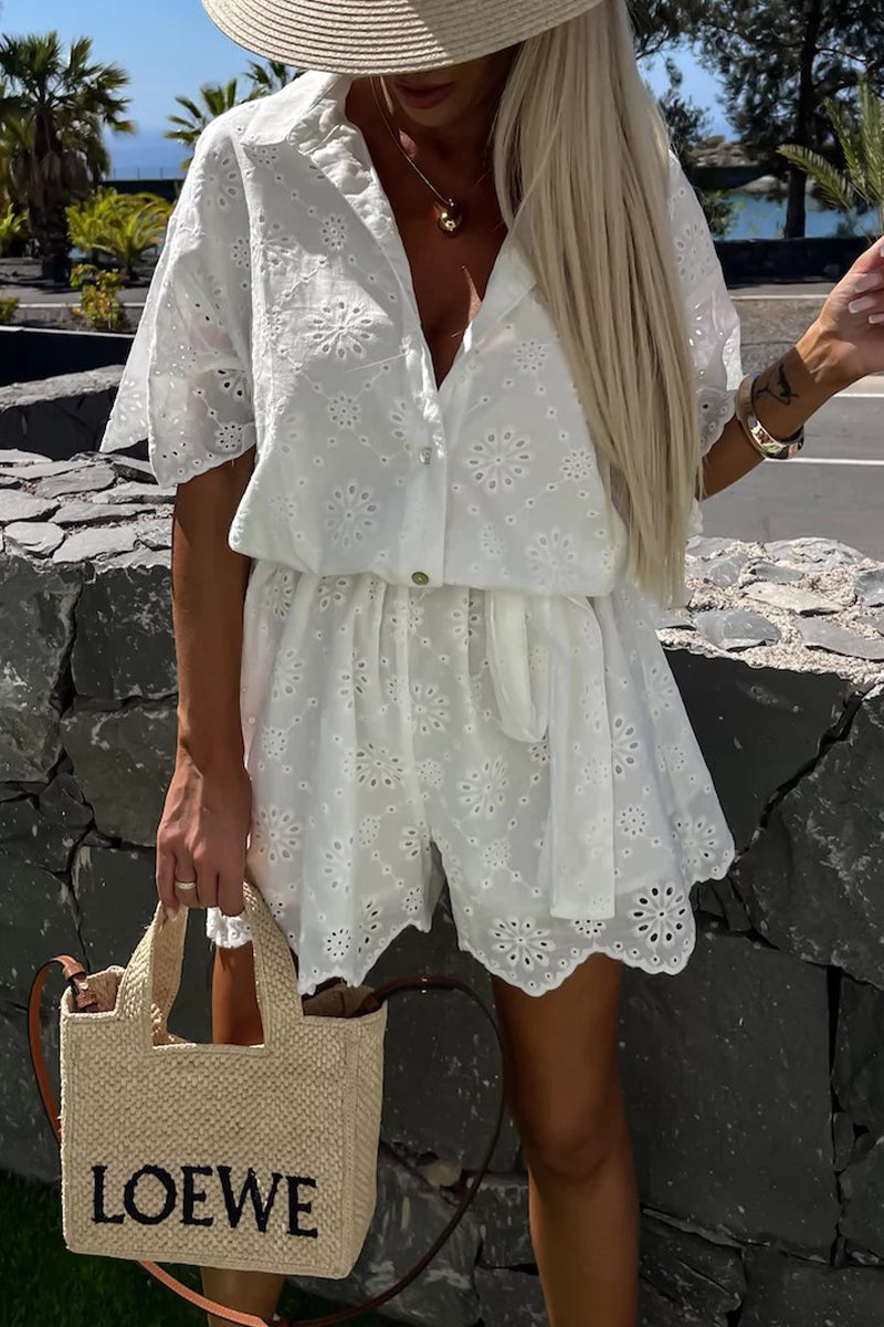 LM | Casual embroidered hollow out turndown collar loose rompers