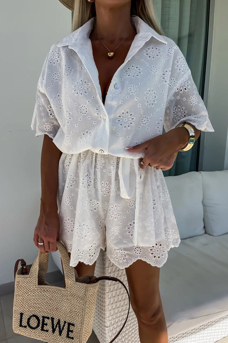 LM | Casual embroidered hollow out turndown collar loose rompers