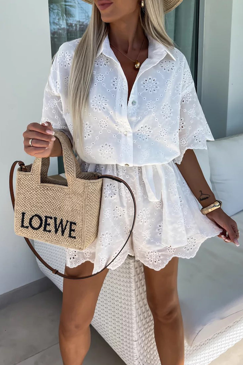 LM | Casual embroidered hollow out turndown collar loose rompers