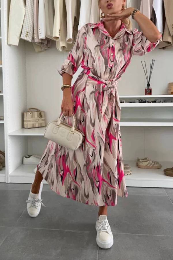 LM | Elegant Ease Satin Printed Midi Dress with Waist