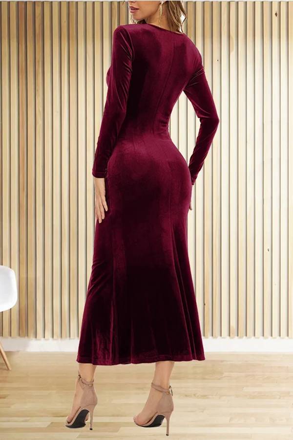 LM | Solid Velvet Long Sleeve V-Neck Slim Fit Fishtail Maxi Dress