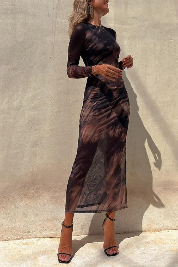 LM | Charm Lady Mesh Overlay Tie Dye Print Long Sleeve Ruffled Stretch Midi Dress