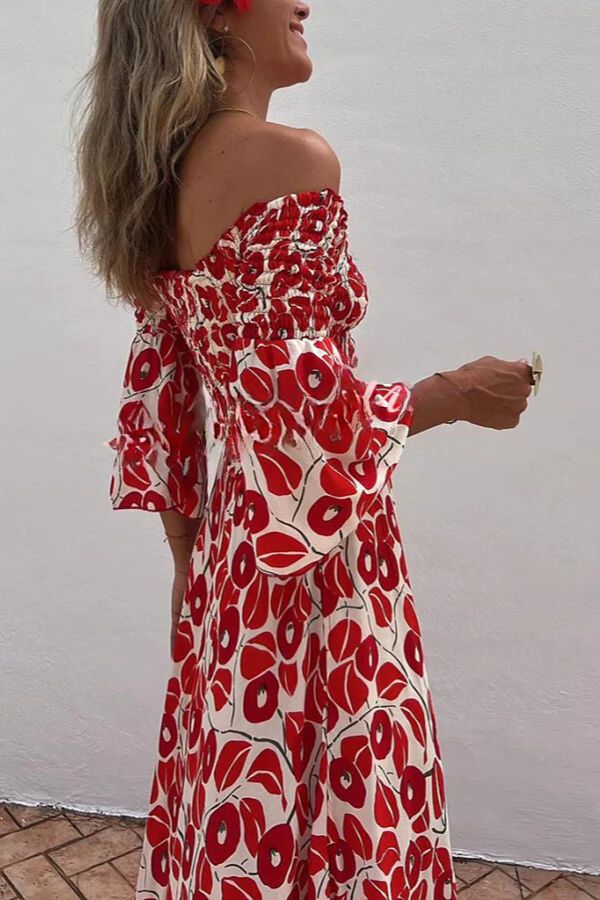 LM | Close To The Vacation Floral Print Smocked Off Shoulder Pocketed Maxi Dress