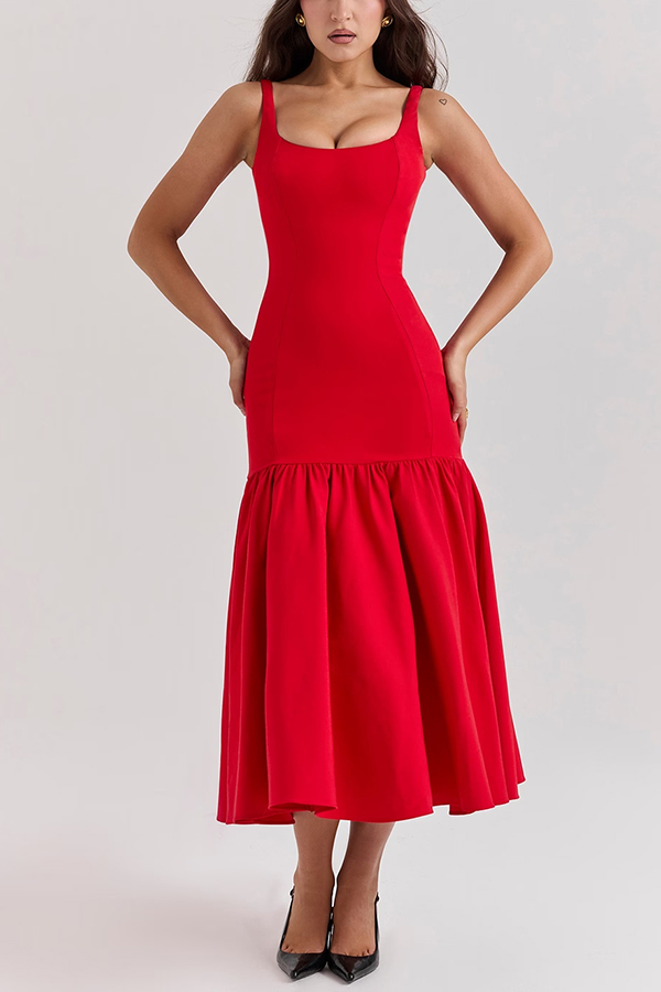 LM | Graceful Silhouette Square Neckline Wide Strap Drop Waist Midi Dress