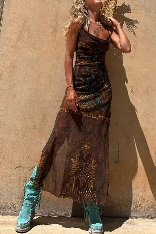 LM | Gypsy Style Unique Print Cowl Neck Back Lace Up Slit Midi Dress