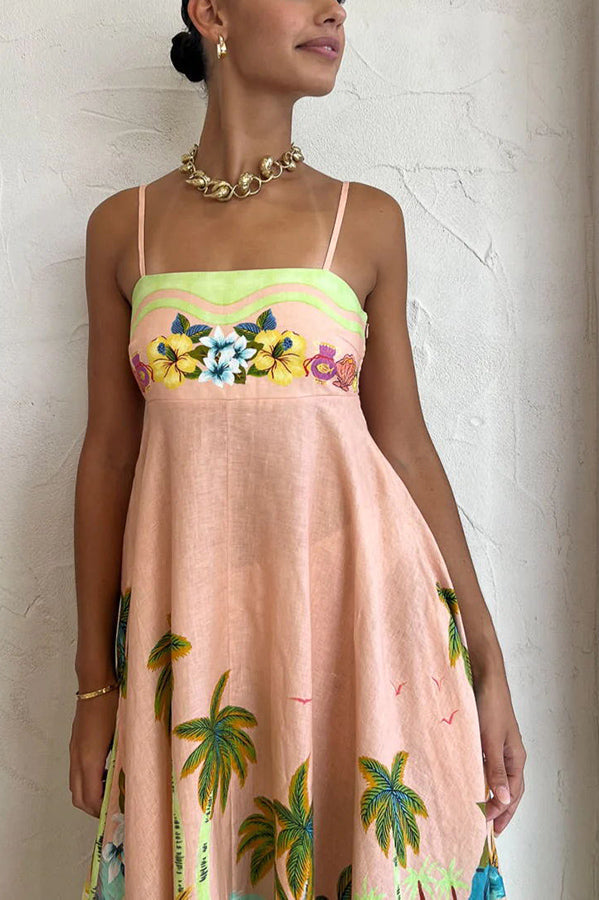 LM | Coconut Scenery Linen Blend Tropical Print Smocked Back Midi Dress