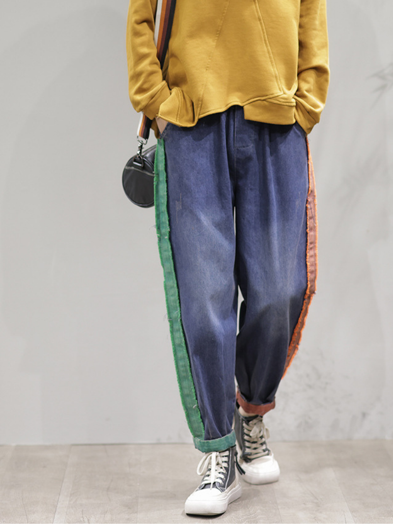 LM | Casual Vintage Loose Fit Patch Denim Bottom Jeans Pants