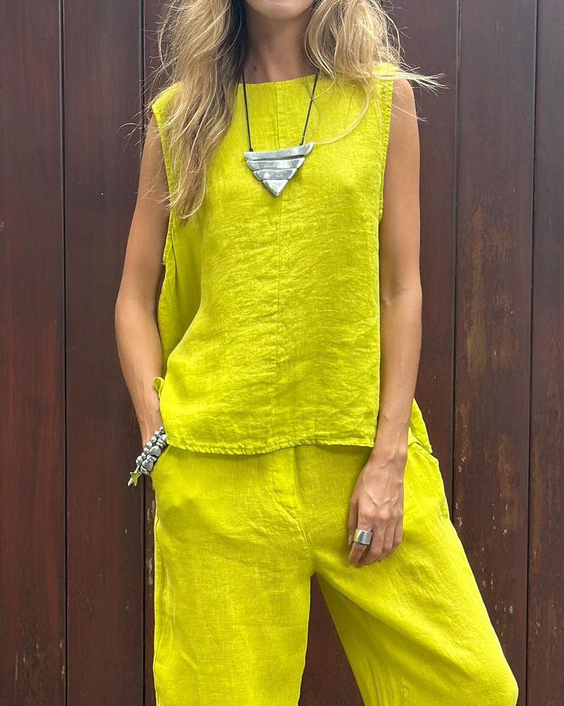 LM | Casual Solid Color Sleeveless Vest & Pants Cotton Linen Two Piece Set