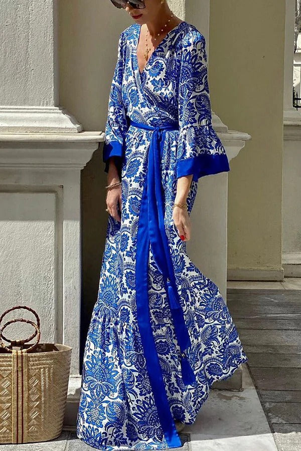 LM | Greek Island Satin Unique floral print tassel belt Maxi dress in wrap look