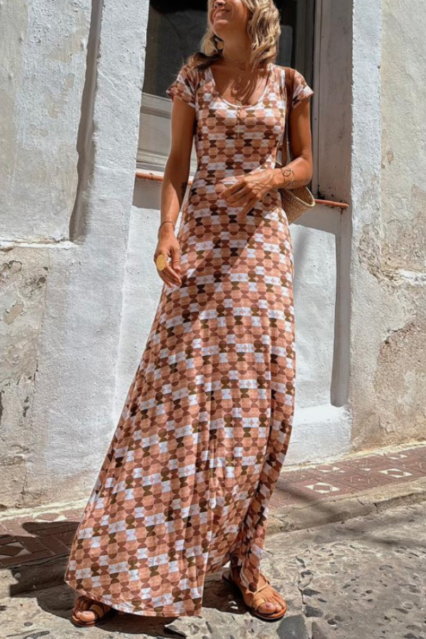 LM | Salmon Regular Pattern Print Short Sleeve Maxi Dress