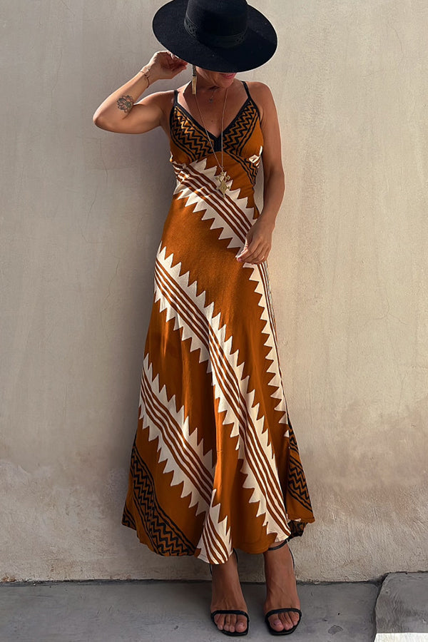 LM | Always Falling Satin Ethnic Print Smocked Back Midi Dress