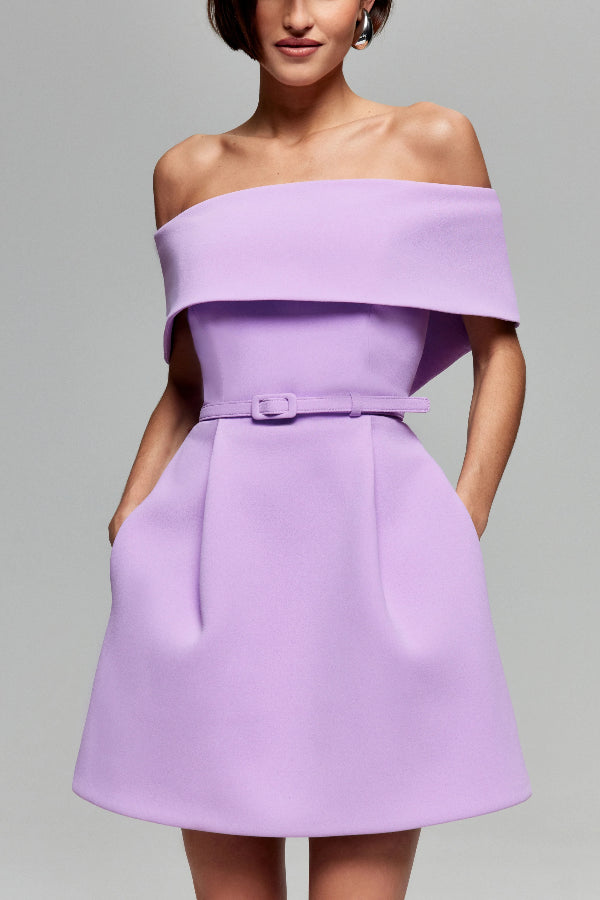 LM | Elegant Evening Lapel Bandeau Detachable Belt Pocketed Mini Dress