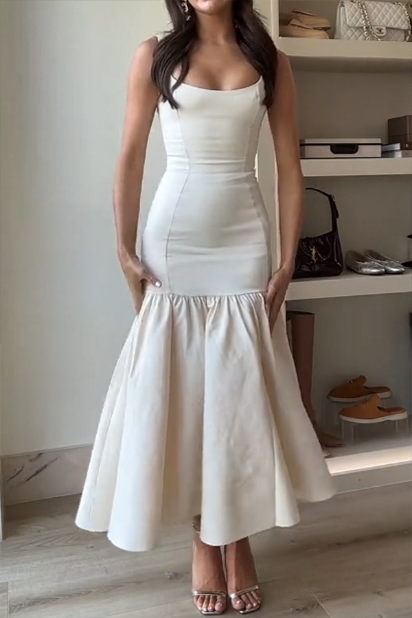 LM | Graceful Silhouette Square Neckline Wide Strap Drop Waist Midi Dress