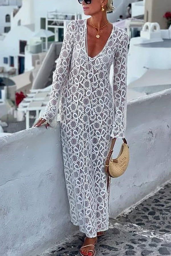 LM | Santorini Sunset Floral Lace Long Sleeve Slit Vacation Maxi Dress