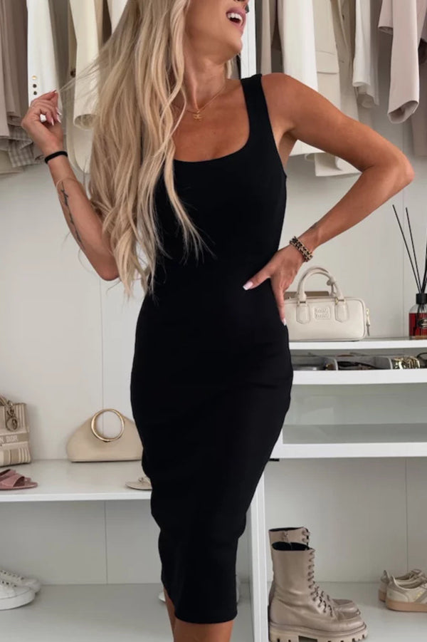 LM | Comfort and femininity rib knit tank slit stretch midi dress