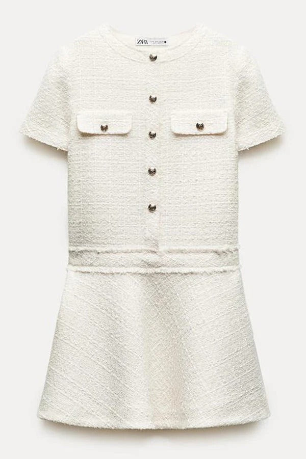 LM | 1960s London Girl tweed textured gold button short sleeve pocketed mini dress