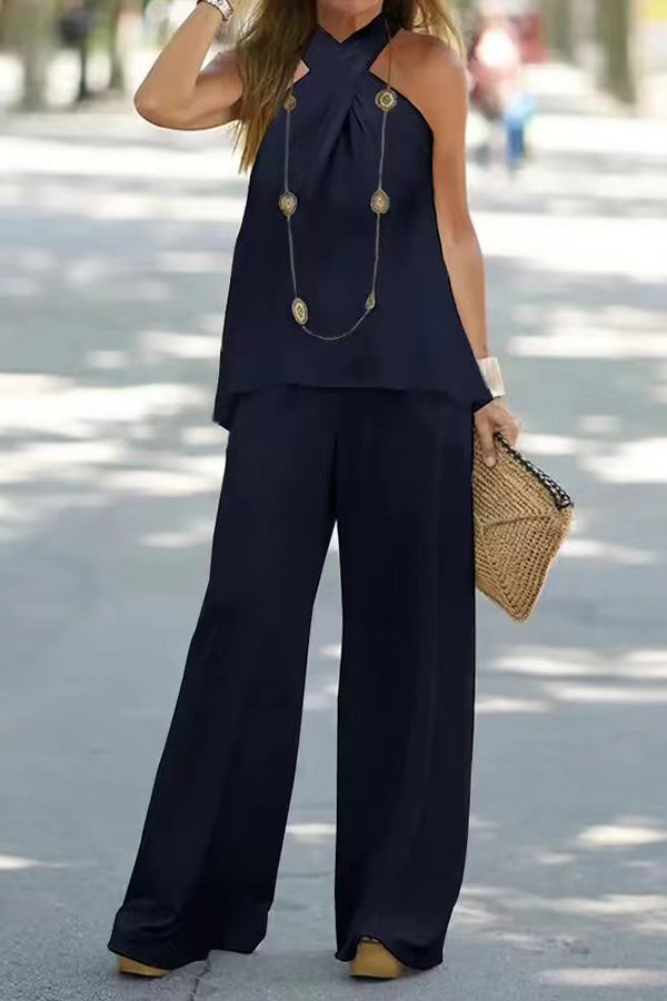 LM | fashion casual halter neck solid color sleeveless wide leg pants set