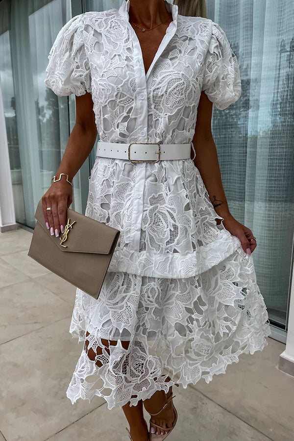LM | Absolutely Elegant Floral Crochet Lace Puff Sleeve Belted Shirt Midi Dress