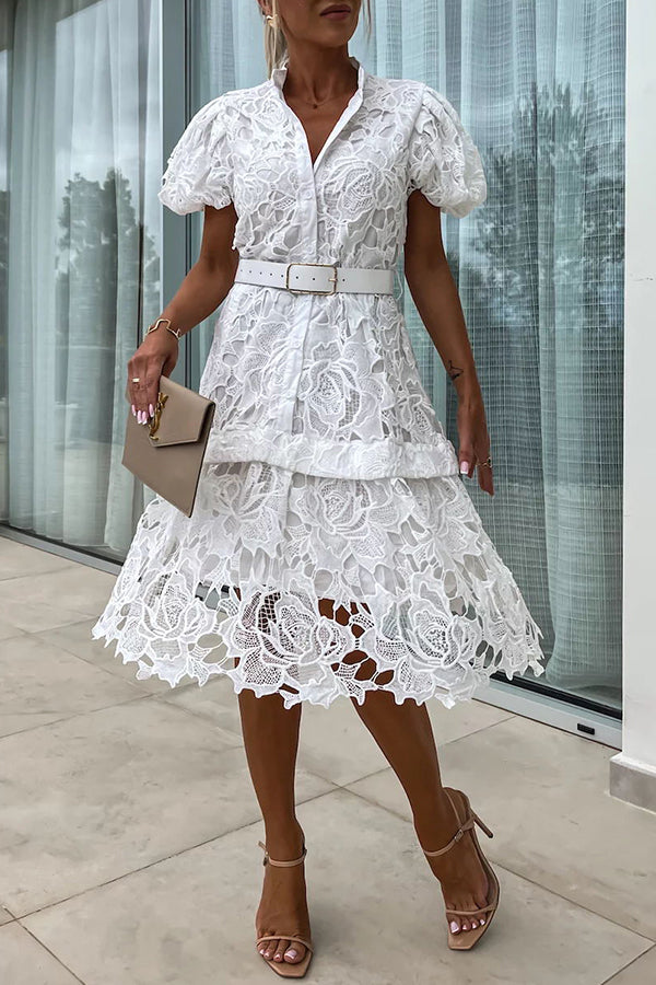 LM | Absolutely Elegant Floral Crochet Lace Puff Sleeve Belted Shirt Midi Dress