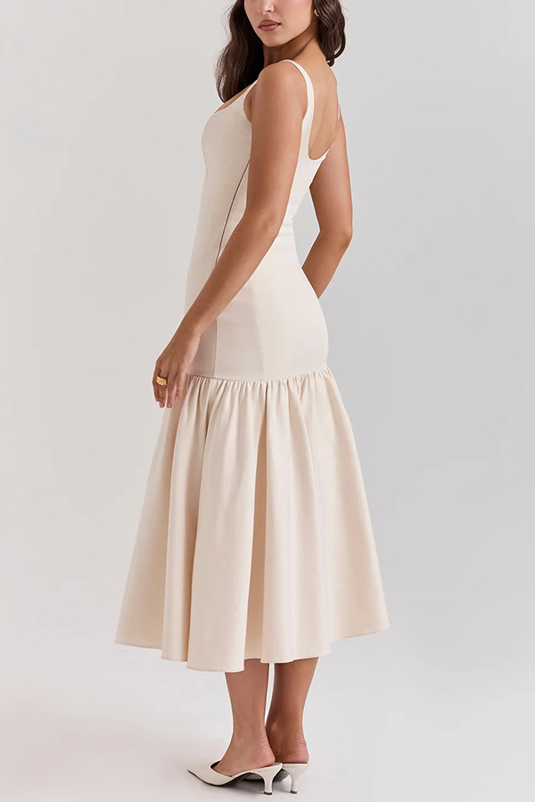 LM | Graceful Silhouette Square Neckline Wide Strap Drop Waist Midi Dress