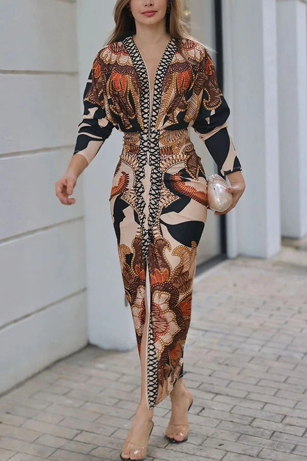 LM | Verra Unique Print Dolman Long Sleeve Ruffled Slit Midi Dress