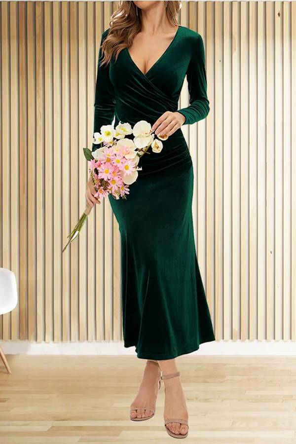 LM | Solid Velvet Long Sleeve V-Neck Slim Fit Fishtail Maxi Dress