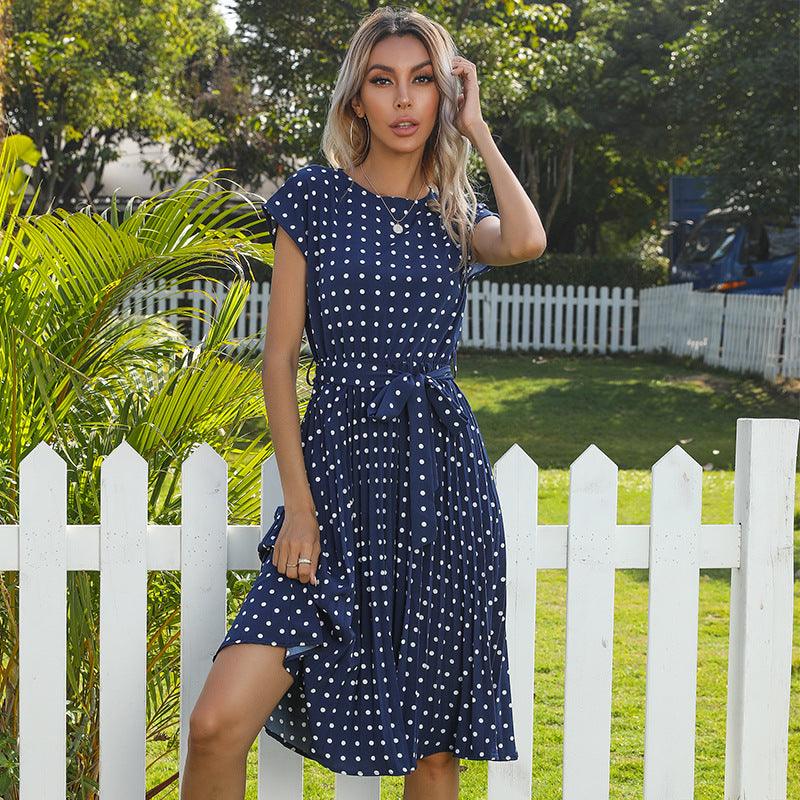 LM | Summer Women Polka Dot Short Sleeve Dress Casual Bandage Party Pleated Midi Dresses Elegant Green Office Lady Clothes