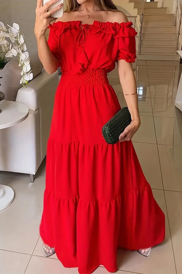 LM | Admit Your Feelings Off-the-shoulder maxi dress with smocked waist