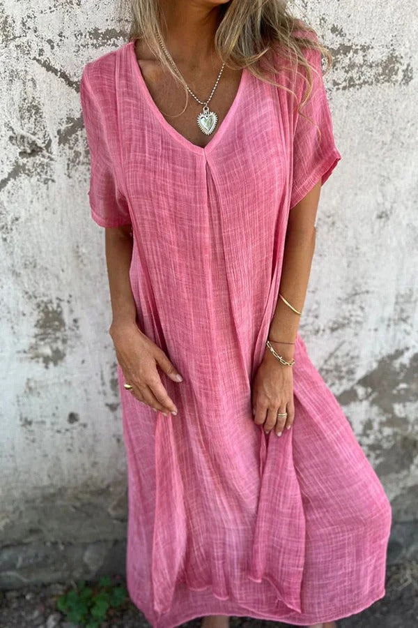 LM | Bayside Bliss linen blend short sleeve pleated loose midi dress