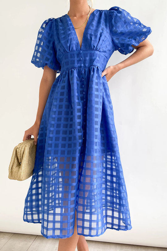 LM | Remarkable Beauty Square Patterned Fabric Puff Sleeve Party Midi Dress
