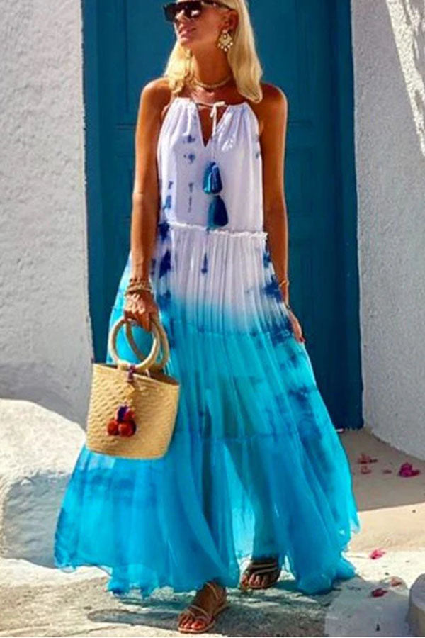 LM | Island Evenings Gradient Print Tassel Halter Maxi Dress